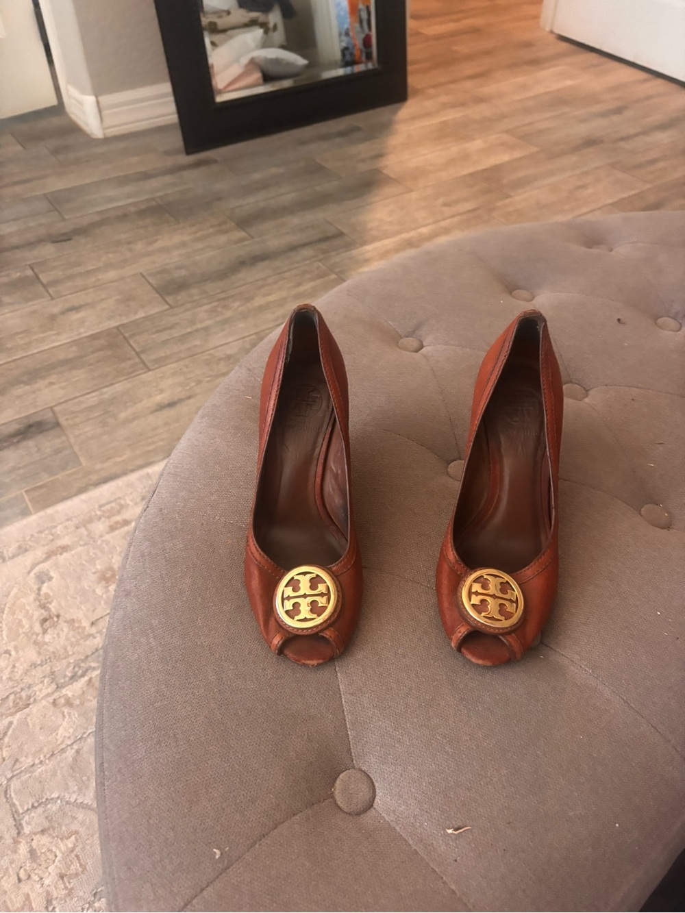 Tory Burch Brown Leather Peep-Toe Heels with Gold Logo Accent